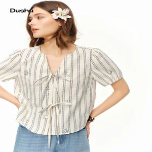 DUSHU 2026 신상 여름 여성용 스트라이프 V넥 반팔 블라우스, 코케트 & 편안한 데일리 스타일을 위한 비즈 장식 린넨 코튼 탑