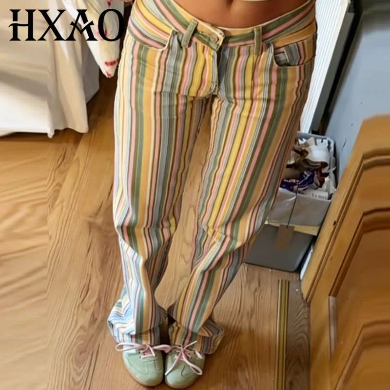 HXAO 레인보우 스트라이프 청바지 여성 바지 봄 2026 캐주얼 스트레이트 레그 미드 웨이스트 바지 여성용 패션 스트리트웨어 바지