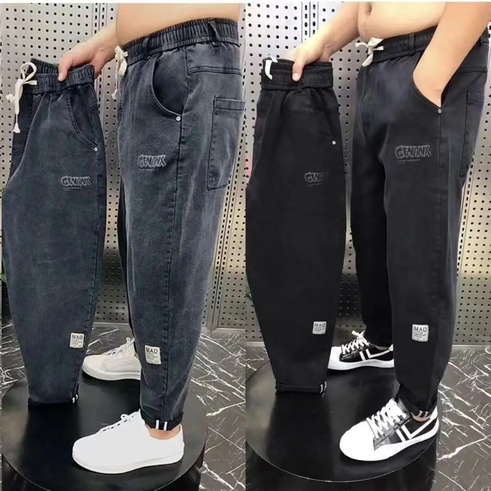 하라주쿠 스트레치 한국 streetwear 루즈 솔리드 데님 청바지 남성용 신축성있는 허리 봄 여름 뉴 플러스 사이즈 7xl 8xl 캐주얼 바지