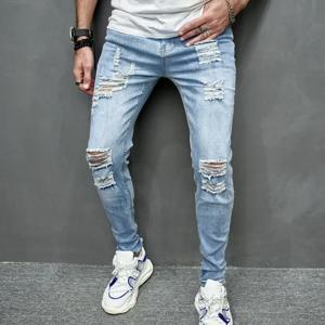 2024 새로운 스타일 남성 맞춤형 찢어진 솔리드 컬러 스키니 청바지 스트레치 작은 발 streetwear 오토바이 데님 바지 남성