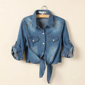 타이 매듭 데님 재킷 크롭 길이 짧은 유형 싱글 브레스트 레이스 업 데님 셔츠 타이 매듭 청바지 카디건 레이디 재킷