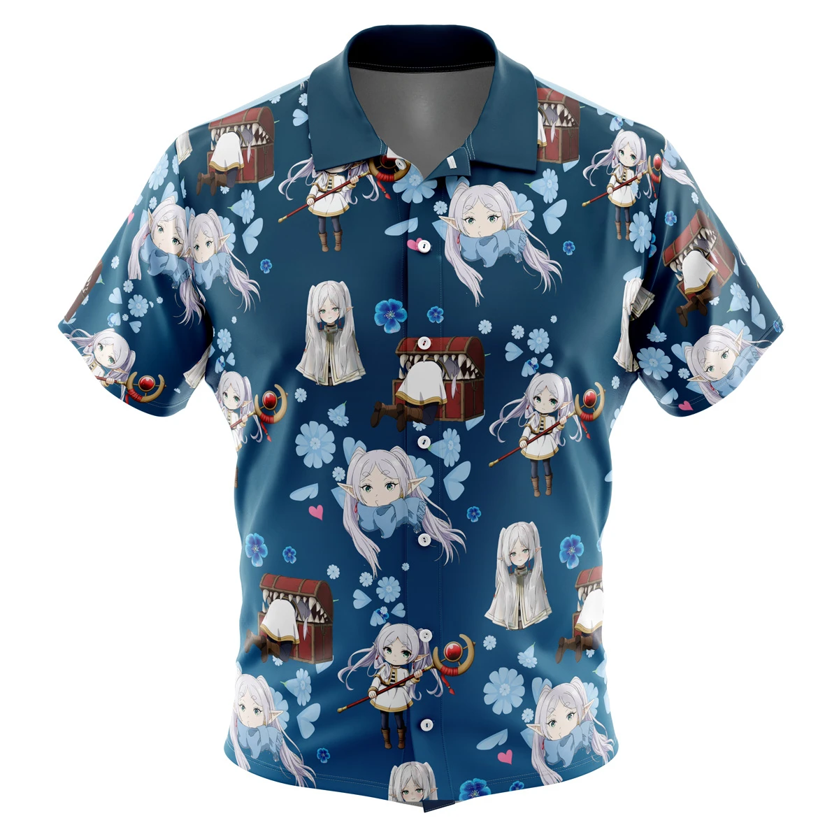 Frieren: Beyond Journey's End Pattern Up 하와이안 셔츠, 통기성 루즈한 셔츠, 다목적 캐주얼 스포츠, 여름 트렌드