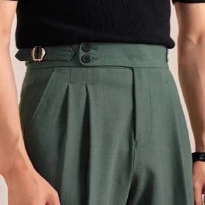 2025 새로운 이탈리아 스타일 더블 Pleated 나폴리 남성 정장 바지 캐주얼 비즈니스 스트레이트 다리 높은 허리 사무실 바지 남자