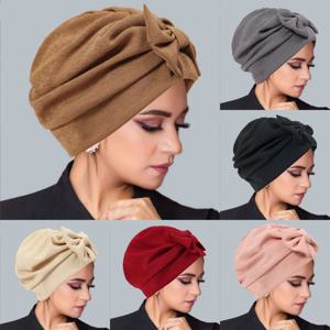 새로운 활 여성 Hijab 솔리드 컬러 이슬람 숙녀 터번 보닛 부드러운 탄성 머리 랩 머리 스카프 인도 모자
