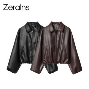ZERAINS 가을 신상 여성 의류 유럽 및 미국 스타일 라펠 긴팔 루즈핏 PU 가죽 파일럿 재킷