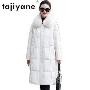 TAJIYANE 리얼 양가죽 화이트 덕다운 코트 롱 리얼 가죽 패딩 재킷 여성용 폭스 퍼 칼라 겨울옷 2025 경량패딩