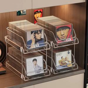 2단 CD 랙 바이닐 레코드 카세트 디스크 보관 슬라이딩 서랍 포함 CD 선반 테이블탑 바이닐 디스플레이 보관 박스 신제품