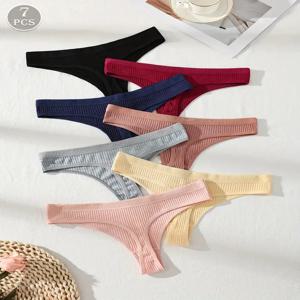 7PCS 여성 끈 팬티 코튼 스트라이프 속옷 섹시한 친밀한 여성 란제리 솔리드 컬러 컴포트 팬티 소프트 G 스트링 XS-XL