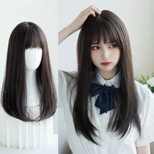 한국 헤어 익스텐션 합성 귀여운 JK 소녀 코스프레 에어뱅 가발 통기성 헤드 커버 50cm 롱 스트레이트 가발 모자 여성용