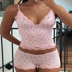 여성용 꽃무늬 레이스 패치워크 투피스 잠옷 세트, 핑크 민소매 캐미솔과 슬림하고 귀여운 반바지 라운지웨어