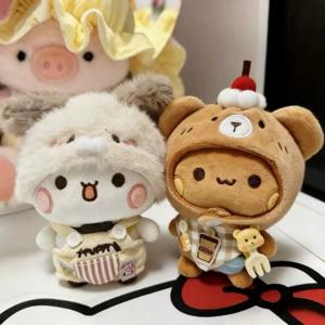 새로운 부부와 이어 판다 플러시 인형 옷 세트 부드러운 애니메이션 장난감 귀여운 만화 솜털 곰 가방 자동차 키 펜던트 장식 커플 선물