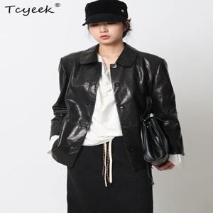 Tcyeek 천연 염소 가죽 진짜 가죽 자켓 여성 streetwear 여성 코트 봄 가을 옷 루즈핏 트렌디 아브리고 무제르