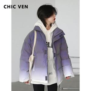 CHIC VEN 여성용 반사 그라데이션 두꺼운 브레드 코트, 90 화이트 덕 다운 재킷, 따뜻한 오버코트, 겨울 2024