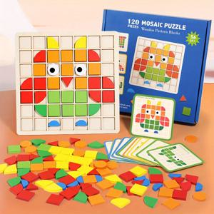 120Pcs 나무 모자이크 퍼즐 장난감 몬테소리 어린이 나무 3D 기하학적 모양 지그 소 퍼즐 보드 세트 아기 조기 교육 장난감