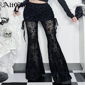 AltGoth 여성용 고딕 다크 플록 팬츠, Emo Alt 그런지 시스루 레이스업 하이 웨이스트 플레어 팬츠, 여성 스트리트웨어, 미적