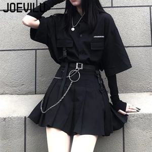 고딕 스커트 세트 루즈 셔츠 플리츠 미니 스커트 2 피스 세트 한국 레트로 캐주얼 의상 여성 봄 여름 미적 Y2k 정장