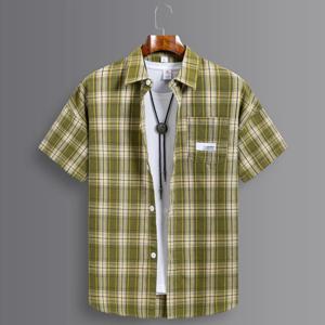 패션 한국 인기 의류 여름 코튼 브러시드 체크 무늬 반팔 셔츠 남성용 슬림핏 캐주얼 플레인 셔츠 트렌드 탑