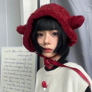 여성을위한 새로운 일본 귀여운 강아지 귀 플러시 귀마개 가을, 겨울 따뜻한 다목적 뿔 스트랩 귀 보호 Beanies 모자