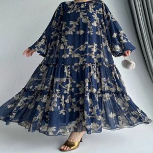이드 시폰 여성 드레스 아바야 플라워 프린트 무슬림 베스티도스 라르고 두바이 카프탄 아랍 롱 로브 라마단 모로코 드레스 잘라비야