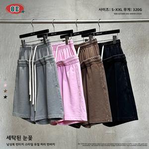남성용 더블 허리 헤드 스노우플레이크 디스트레스드 반바지 루즈핏 엘라스틱 허리 코튼 반바지 중국 브랜드 트렌디 의류