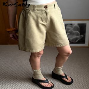 KarSaNy 베이지 여름 반바지 여성용 캐주얼 루즈 린넨 와이드 레그 짧은 바지 우아한 여성용 라이오셀 반바지 버뮤다 네이비 블루