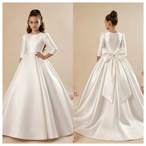 맞춤형 여아 첫영성체 드레스 2025 신상 긴팔 무광 새틴 A라인 테일 이브닝 가운 여아 웨딩 파티 공주 드레스