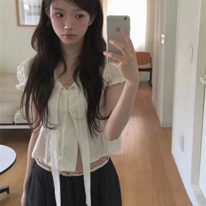 한국 스타일 여름 스윗 숏 버블 슬리브 셔츠 나비넥타이 허리 캐주얼 팬츠 하이웨이스트 패치워크 스트레이트 레그 통기성 좋은 피부 친화적인