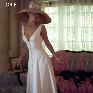 LORIE 버튼 v 넥 웨딩 드레스 a 라인 스파게티 스트랩 발목 길이 신부 댄스 파티 드레스 우아한 신부 가운 맞춤형