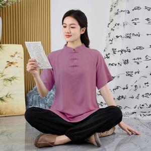 새로운 여름 태극권 유니폼 탑 루즈핏 순면 무술 연습 새로운 중국 스타일 여성 티셔츠 대형 사이즈