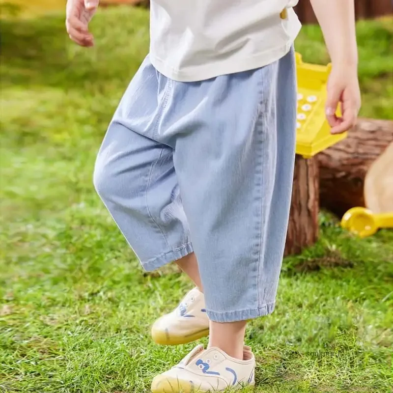 데님 어린이 바지, 신축성 허리 청바지, 캐주얼 워싱 바지, 심플 패션, 여름 신상