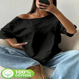 플러스 사이즈 100% 순면 숄더 루즈 Y2K 티셔츠, 오버사이즈 여성용 탑, 여름 오프숄더 탑