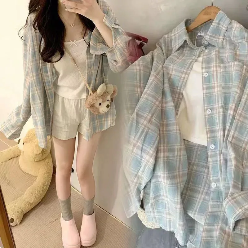 하라주쿠 오버사이즈 루즈 체크 셔츠 여성 레이지 스타일 긴팔 아우터 캐주얼 블라우스 빈티지 올매치 학생 셔츠