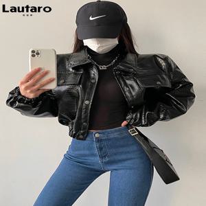 Lautaro-여성용 크로커다일 프린트 인조 가죽 자켓, 쇼트, 쿨, 오버사이즈, 유러피언 패션 스트리트웨어, 버튼업, 봄