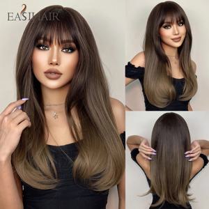 EASIHAIR 긴 스트레이트 앞머리 가발 자연 옹 브르 다크 브라운 합성 머리 가발 여성용 일일 코스프레 파티 내열성 섬유