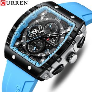 CURREN Tonneau 다이얼 스포츠 시계 남성용 패션 방수 석영 손목 시계 자동 날짜 노란색 실리콘 스트랩 빛나는