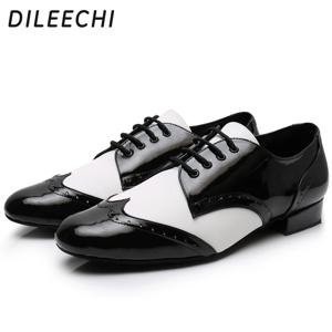 DILEECHI 남성용 댄스 슈즈 성인 소프트 아웃솔 블랙 PU 가죽 스퀘어 볼룸 댄스 슈즈 로우 와이드 힐 2cm