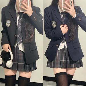 소녀를위한 일본 학교 교복 가을 & 겨울 여러 가지 빛깔의 긴 블레이저 세트 플리츠 스커트 JK 선원 넥타이 애니메이션 Cos 의상 여성