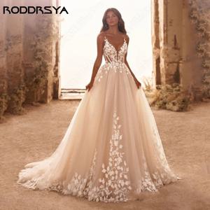 RODDRSYA 여성용 스파게티 스트랩 반짝이 웨딩 원피스, V넥 아플리케, 백리스 보호 베스티도 드 노비아 스윕 트레인 맞춤형RODDRSYA 스파게티 어깨끈 플래시 웨딩드레스 여자 V 넥 데칼 보헤미아 스타일 오렌지 설음 청소 기차 커스터마이징