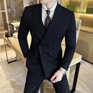 M-7XL 블레이저 조끼 바지 고급 브랜드 그레이 블랙 남성 캐주얼 비즈니스 더블 브레스티드 수트 신랑 결혼식 슬림핏 남성 정장