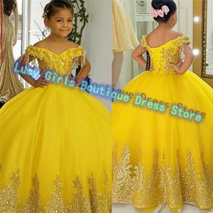 화려한 노란색 꽃의 소녀 드레스 Tulle Fluffy Applique 바닥 길이 어린이 웨딩 신부 들러리 생일 파티 볼 이브닝 가운