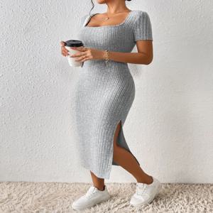 여성 봄 여름 스타일 니트 드레스 레이디 캐주얼 반소매 스퀘어 칼라 사이드 슬릿 드레스 Vestidos