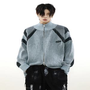레트로 아메리칸 디자인 하이넥 니트 스웨터 남성 트렌디 브랜드 가을 겨울 커플 오픈 가디건 아우터 스트라이프