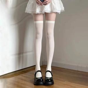 JK 여성용 블랙 화이트 단색 긴 양말, 무릎 위 허벅지 높이, 로리타 스타킹, 소녀 무릎 양말
