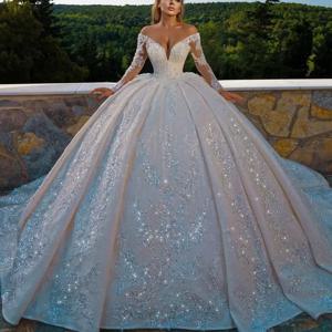 맞춤형 v 넥 레이스 웨딩 드레스 오프 숄더 긴 소매 반짝 이는 페르시 스팽글 공주 볼 가운 vestidos de novia