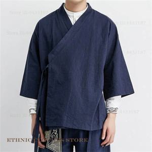 플러스 사이즈 남성 기모노 카디건 자켓 코튼 린넨 일본 유카타 하오리 루즈 오픈 프론트 Hanfu 코트 사무라이 의상 streetwear