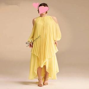 맞춤형 우아한 빈티지 스타일의 심플한 노란색 러플 비대칭 디자인 맞춤 제작 정장 행사용 파티 드레스 이브닝 가운