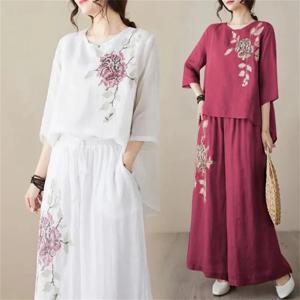 2025 숙녀 패션 코튼 린넨 블라우스 2PCS 한국 여성 자수 두 조각 정장 여름 여성 대형 4XL 넓은 다리 바지