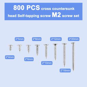 ABFA 800Pcs 스테인레스 스틸 셀프 태핑 나사 구색 키트 잠금 너트 나무 스레드 네일 나사 세트 M2