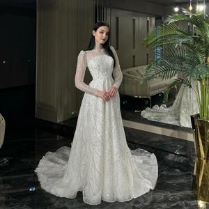 럭셔리 구슬 레이스 A 라인 웨딩 드레스 환상 얇은 명주 그물 높은 목 긴 소매 신부 바닥 길이 맞춤형 스윕 기차 가운