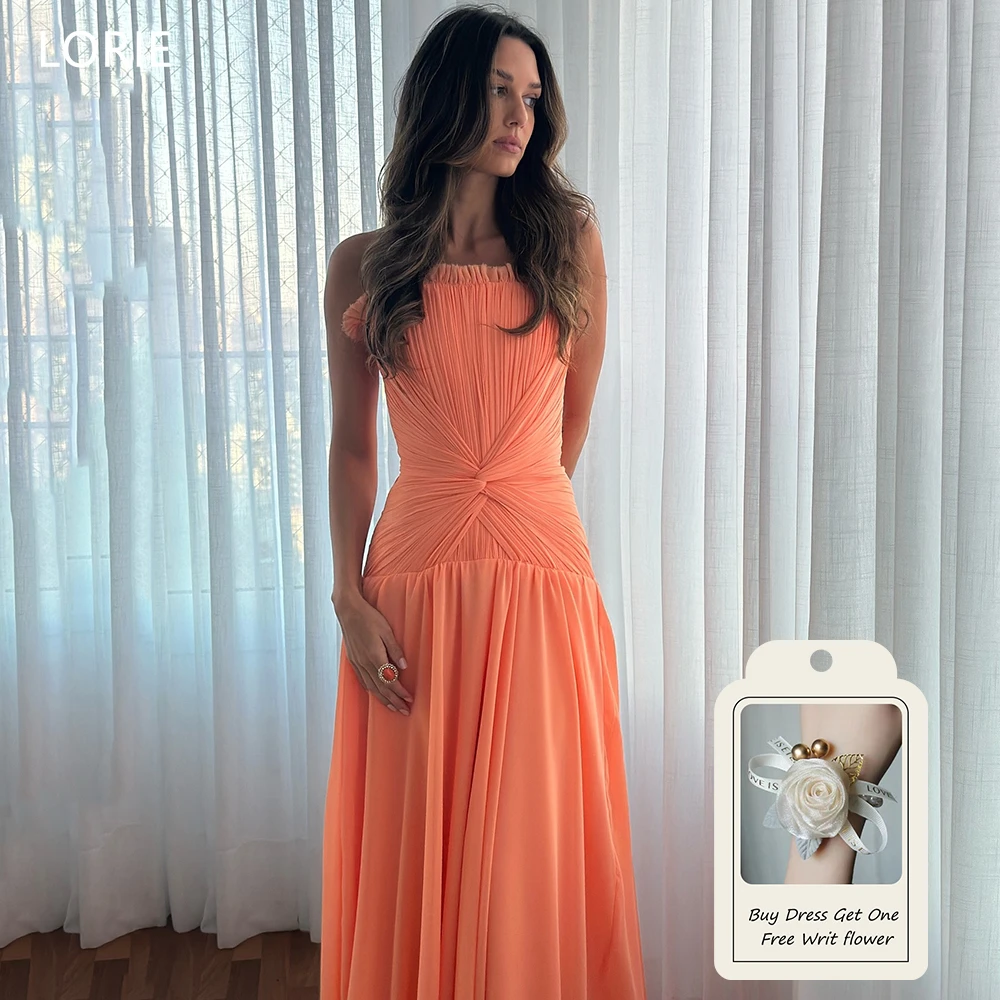 LORIE 오렌지 A 라인 이브닝 드레스 긴 디자인 감각 Pleat Strapless 파티 드레스 우아한 바닥 길이 댄스 파티 드레스 맞춤형
